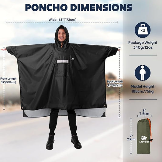 ANYOO Hooded Rain Poncho for Adults Waterproof Lightweight Rain Coat for Men Women Reusable Rain Jacket for Emergency Outdoor