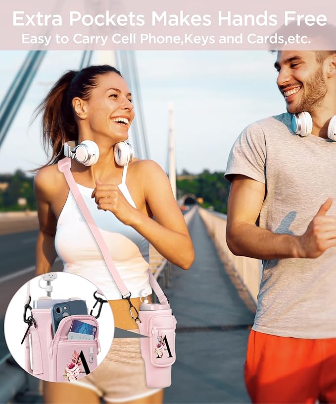 dabria Initial A-Z Water Bottle Bag with Phone Pocket for Stanley 40 oz Tumbler Neoprene Water Bottle Holder Pouch with Adjustable Strap Bollus with Straw Cover & Carabiner for Stanley Cup Accessories