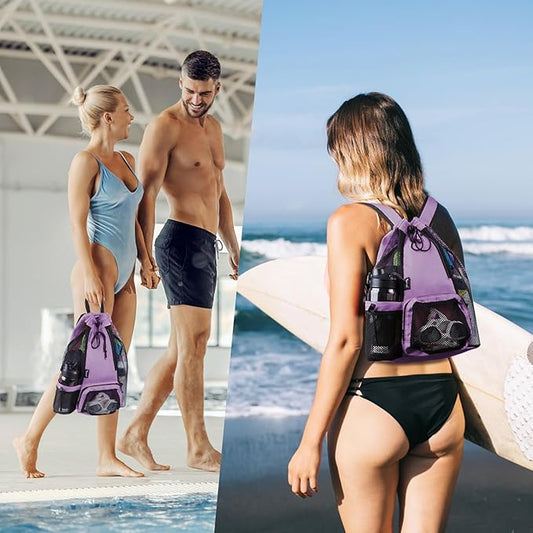 Swim Bag Beach Backpack with Padded Shoulder Strap Mesh Backpack with Wet Pocket for Swimming, Gym