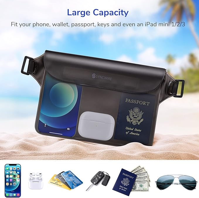 SYNCWIRE Waterproof Pouch Bag with Adjustable Waist Strap (2 Pack) - IP68 Waterproof Waist Bag Screen Touchable Dry Bag with Adjustable Belt for Beach, Swimming, Boating, Fishing, Hiking, etc