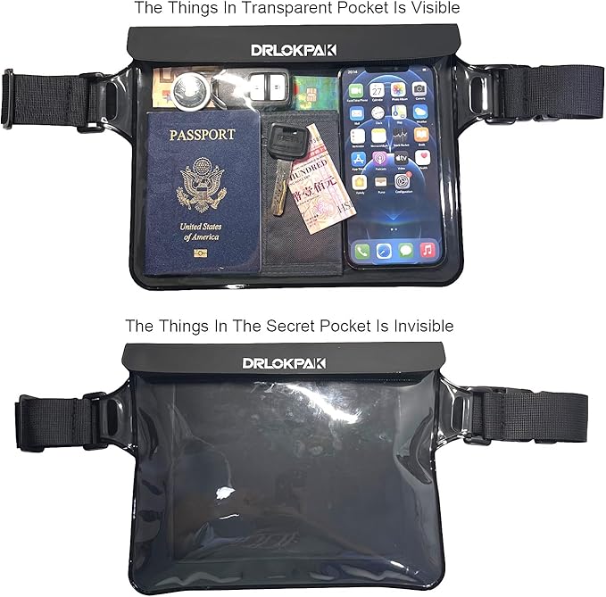 DRLOKPAK Waterproof Waist Pouch Fanny Pack Bum Bag Hip Pouch for Swim Surf Sail Snorkel Kayak Beach Pool to protect Wallet Passport Phone watch eReader mini tablet Dry (Black)