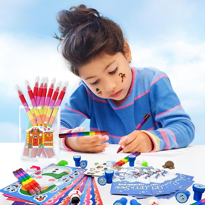 Cinrobiye 144 Pcss Merry Christmas Party Favors Max Holiday Coloring Books Tattoo DIY Sticker Stampers Class Reward Prizes for Christmas Holiday Winter Party supplies (Winter2)