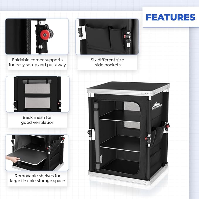 EAGLE PEAK Outdoor Folding Camping Table with Large 3-Tier Storage Organizer and Side Pockets, Easy Set Up Portable Aluminum Camping Kitchen, Black