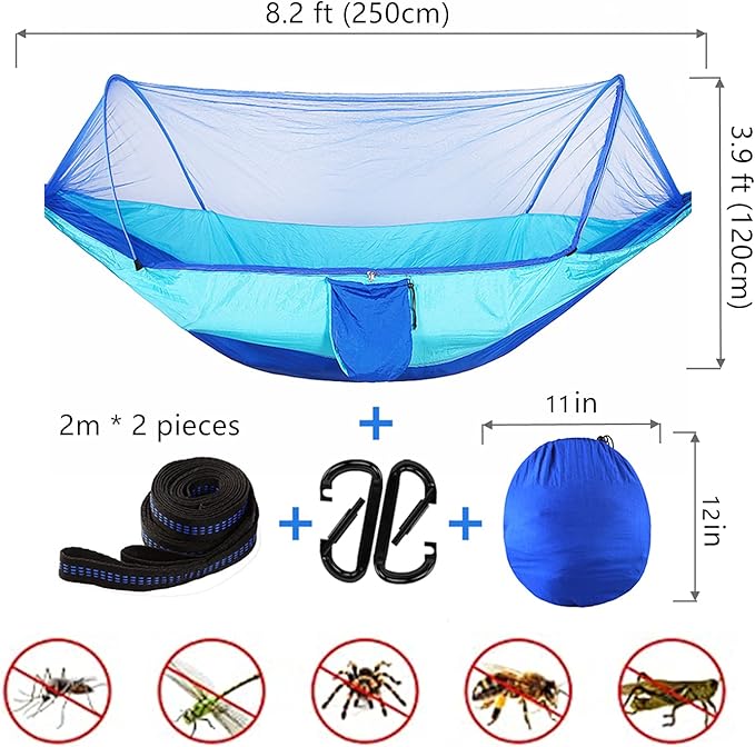 LFL Camping Hammock with Mosquito Net, Hammocks with 13ft Tree Straps Carabiners, Automatic Quick Open Outdoor Portable Hammock, Nylon Parachute Material Outside Hammock with net, Blue