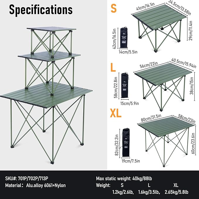iClimb Ultralight Compact Camping Folding Table with Carry Bag (Reinforced Green - XL)