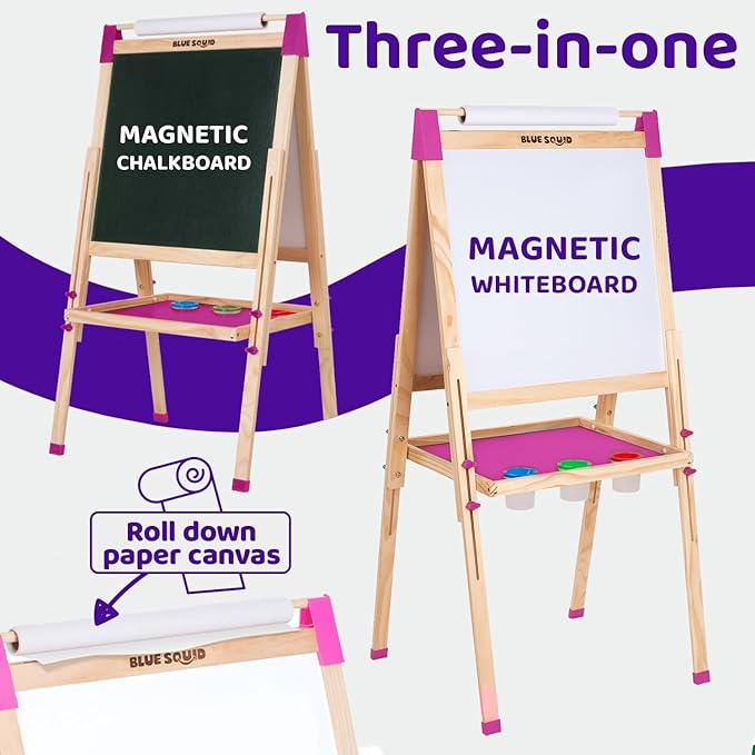 Blue Squid Art Easel for Kids - Dual-Sided Adjustable Wooden Painting Easels, Ideal Christmas Gift for Toddlers and Kid - with Magnetic Chalk Board, White Board & Paper Roll, Includes 100+ Accessories