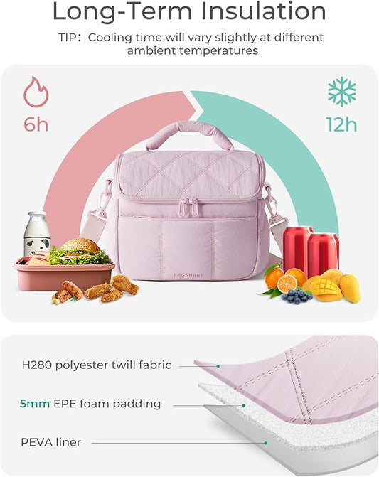 BAGSMART Insulated Lunch Bags for Women, Cute Quilted Lunch Box, Lightweight Puffy Padded Waterproof Lunch Tote, Reusable Lunch Cooler for Work Picnic Travel, Pink