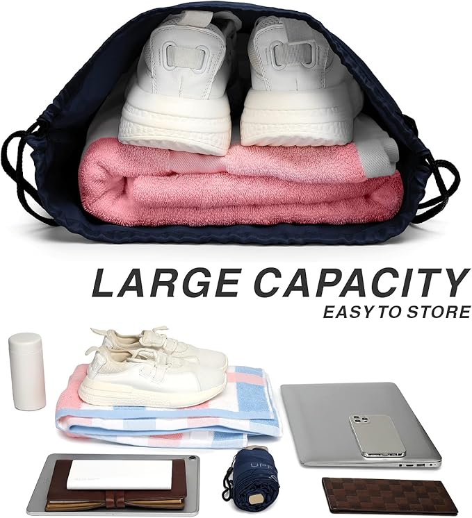 BuyAgain Drawstring Backpack Sports Water Resistant String Bag Sport Gym Sackpack for Women Men Large with Zipper, Navy
