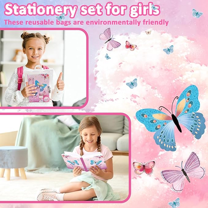 Butterfly Girls Diary with Lock, Set of Diary for Girls Incl. Kids Journal with Lock & Pen (6-Multicolor) Memo Ruler Sharpener Eraser Pink Girls Journal Writing Notebooks for Kids Gifts for Girls 6-8
