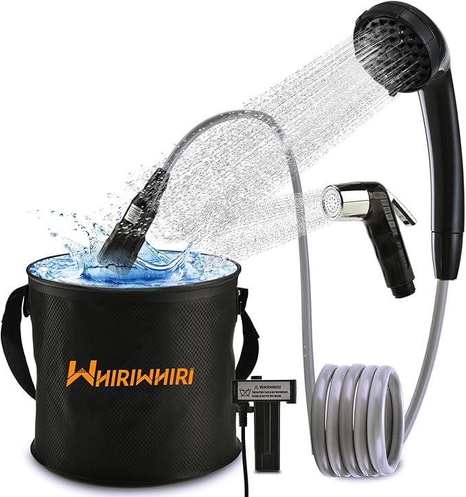 Portable Shower Camping Outdoor Camp Shower Pump, Rechargeable Battery Powered Shower 2 Head with Foldable Collapsible Bucket, Large Water Flow for Hiking, Traveling, Beach Washing Cleaning