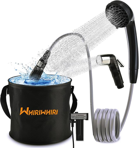 Portable Shower Camping Outdoor Camp Shower Pump, Rechargeable Battery Powered Shower 2 Head with Foldable Collapsible Bucket, Large Water Flow for Hiking, Traveling, Beach Washing Cleaning