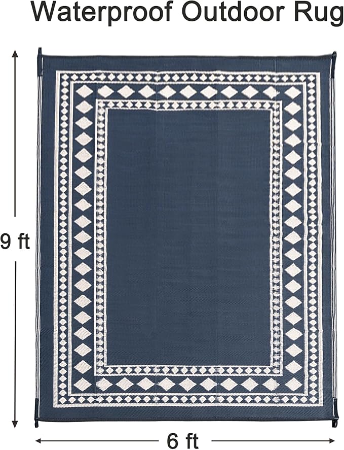 RURALITY Outdoor Rugs 6x9 Waterproof for Patios Clearance,Plastic Straw Mats for Backyard,Porch,Deck,Balcony,Black and Beige