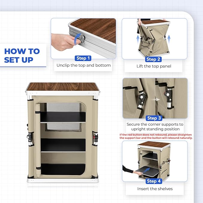 EAGLE PEAK Outdoor Folding Camping Table with Large 3-Tier Storage Organizer and Side Pockets, Easy Set Up Portable Aluminum Camping Kitchen, Beige