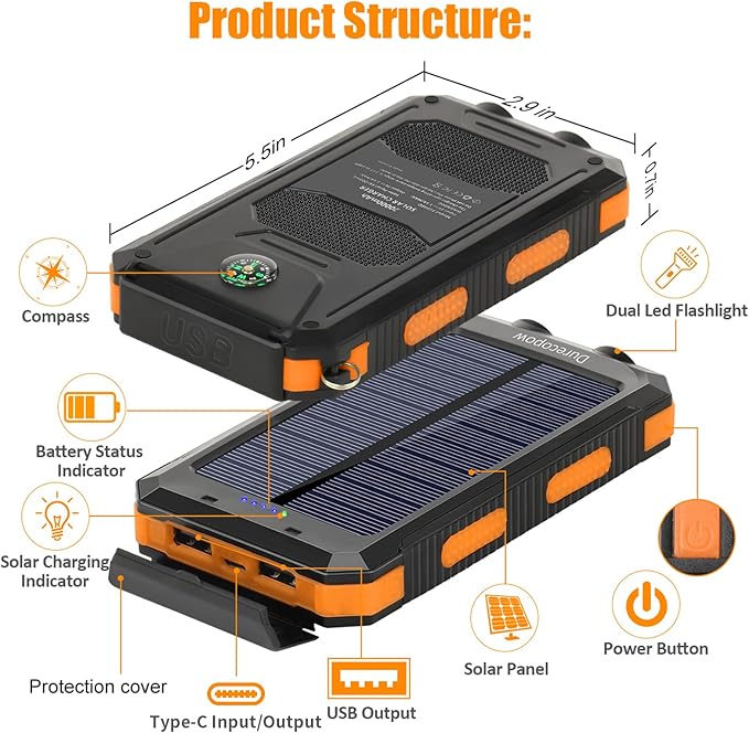 Solar Charger Power Bank, 20000mAh Portable Outdoor Waterproof Solar Battery Charger, Camping External Backup Battery Pack USB C Ports Input/Output, 2 Led Light Flashlight with Compass (Orange)