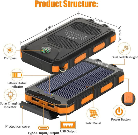 Solar Charger Power Bank, 20000mAh Portable Outdoor Waterproof Solar Battery Charger, Camping External Backup Battery Pack USB C Ports Input/Output, 2 Led Light Flashlight with Compass (Orange)