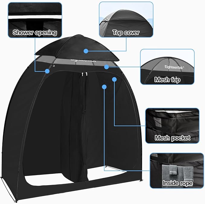 EighteenTek Shower Tent Camping, 2-Room Portable Changing Room, Outdoor Shower Enclosure, Pop Up Privacy Tent Shelter with Floor & Doors, Changing Tent, Camping Toilet, Bathroom