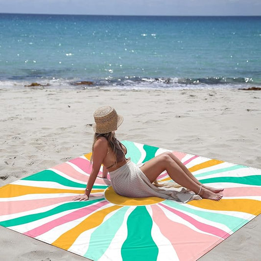 Beach Blanket Waterproof Sandproof, Oversized Picnic Blankets with Stakes and Sand Pockets, Lightweight Quick Drying, Extra-Large Portable Beach Mat for Outdoors, Camping, Hiking Trips-Spring Sunshine