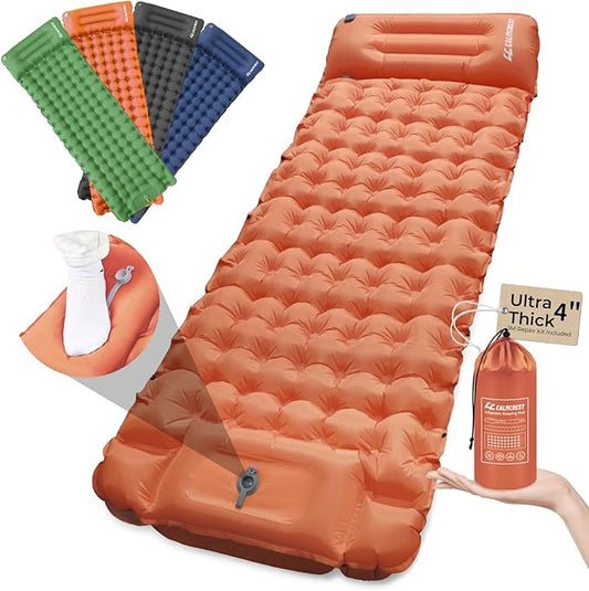 Sleeping Pad for Camping, Ultralight Inflatable Camping Mattress with Adjustable Pillow, Compact Sleeping Mat with Built-in Foot Pump, 4in Thick Air Mattress for Camping, Hiking-Orange