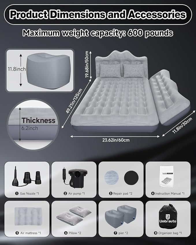 Umbrauto Truck Air Mattress Back Seat| Inflatable Car Camping Mattress Bed for Back Seat, SUV Blow Up Rear Seat Sleeping AirBed for Van Travel with Pump & Pillows