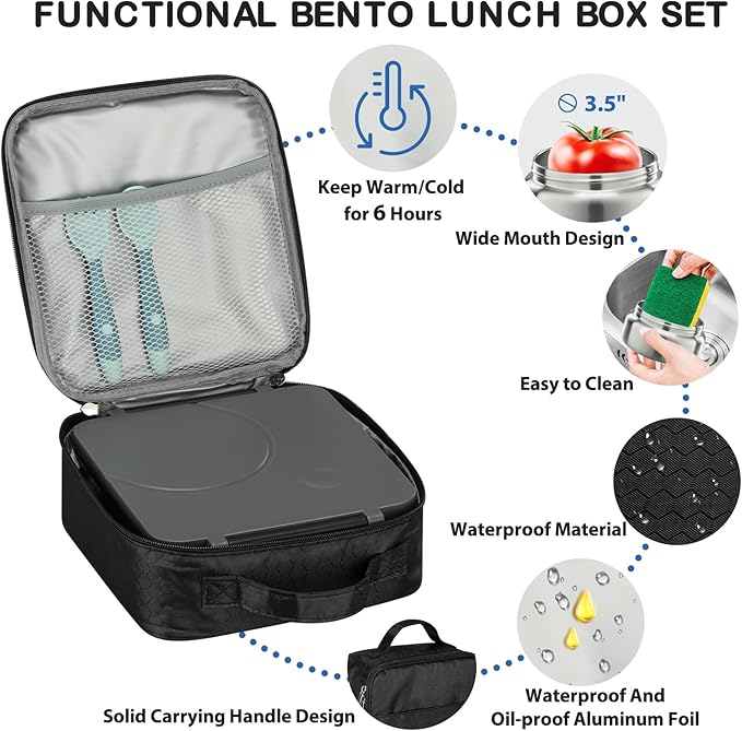 Bento Lunch Box Set for Kids with 8oz Soup Thermo, Leak-Proof Lunch Containers with 4 Compartment, Kids Thermo Hot Food Jar and Insulated Lunch Bag for Kid to School-Black