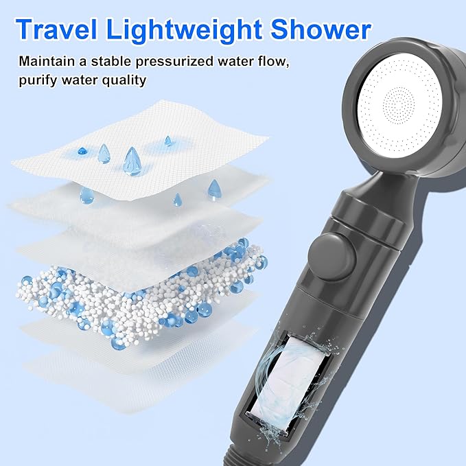 Lightweight Portable Camping Shower, 6000mAh Rechargeable Outdoor Shower Pump with 5 Pressure Modes, Filtered Shower Head, Temperature & Power Display for Hiking, Travel, Washing, Emergency