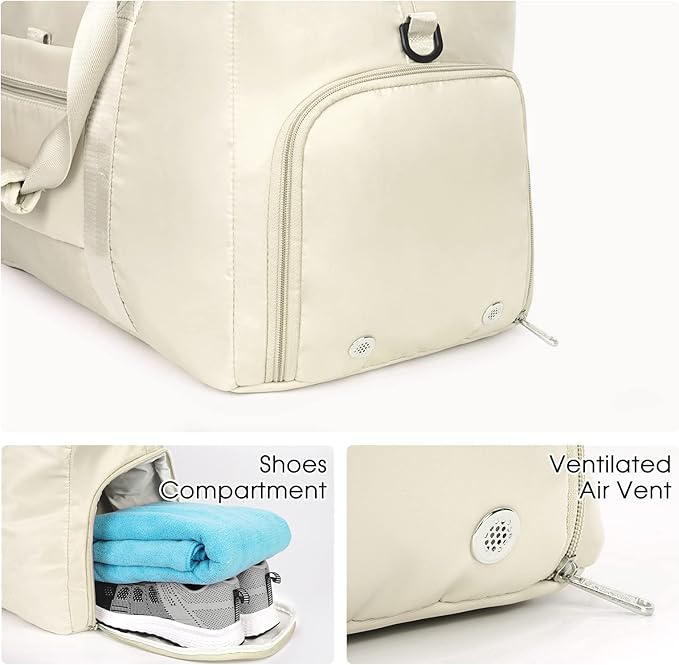 Ceneda 20" Gym Duffel with Wet Pocket & Shoes Compartment - Portable Overnight Weekender Travel & Yoga Bag for Women (Ivory)