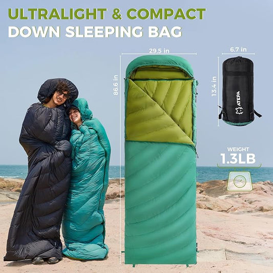 ATEPA Down Sleeping Bag, Recycled 650FP 4 Season Summer & Winter Compact Rectangle Lightweight Waterproof Wearable Sleeping Bag with Compression Sack for Camping Backpacking Hiking