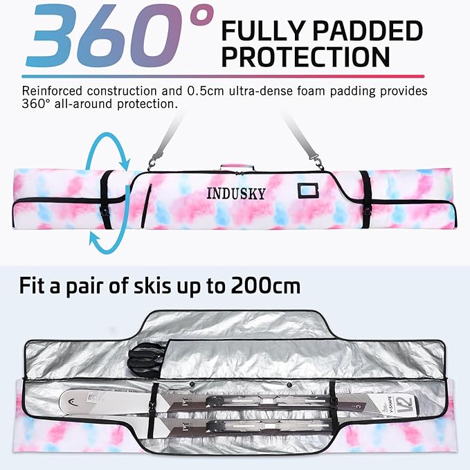Padded Ski Bag - Waterproof, Adjustable Length, Fits Skis Up to 200cm, Portable Snow Travel Bag with Removable Shoulder Strap