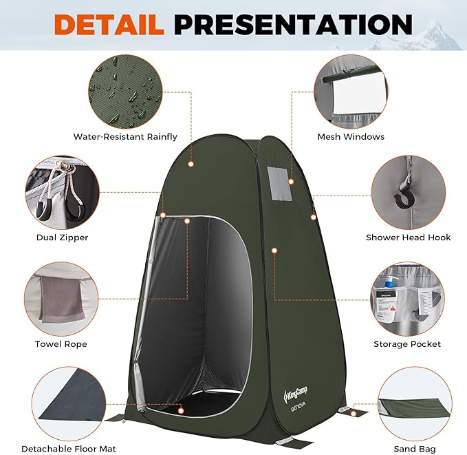 KingCamp Camping Shower Tent, Portable Outdoor Privacy Toilet & Changing Tent Windproof & Waterproof Easy Setup 1 or 2 Room Shelter with Shower Bag for Camping Hiking Beach