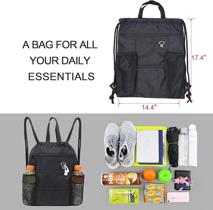 BeeGreen Drawstring Backpack Sports Gym Bag With Shoe Compartment and Two Water Bottle Holder …