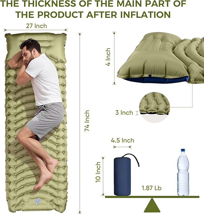 Camping Sleeping Pad, Ultra-Lightweight Inflatable Sleeping Mat with Built-in Pillow, Foot Pump, Compact and Portable, Ideal for Outdoor Camping, Backpacking, Hiking(Solo)