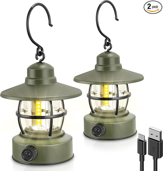 Camping Lantern Rechargeable Battery Powered 【2 Pack】, Camping Gear Must Haves, Camping Accessories, Retro Camping Light Waterproof Hanging LED Tent Lamp for Outdoor Hiking Fishing (Dark Green)