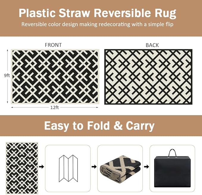 LILIOFFIC Outdoor Rugs - Reversible Mats, 9'x12' Plastic Straw Rug for Patio Clearance Waterproof, Indoor Outdoor Area Rug Carpet for Outside, RV, Deck, Picnic, Beach, Trailer, Camping, Black & Beige