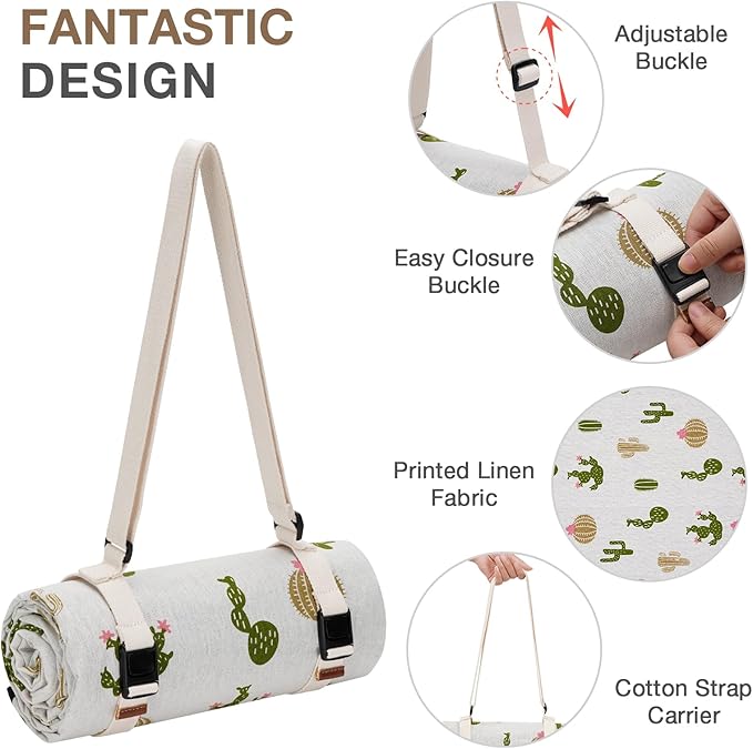 Picnic Blankets Washable | Beach Mat Sand Free Waterproof | Camping Blankets | Emergency Blankets | Picnic Baskets Accessories with Waterproof Backing and Shoulder Strap - Cactus