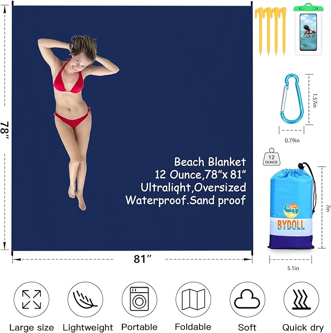 BYDOLL Beach Blanket 78''X81'' 4-7 Adults Oversized Lightweight Waterproof Sandproof Blanket for Beach Large Picnic Mat Travel Camping