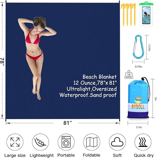 BYDOLL Beach Blanket 78''X81'' 4-7 Adults Oversized Lightweight Waterproof Sandproof Blanket for Beach Large Picnic Mat Travel Camping