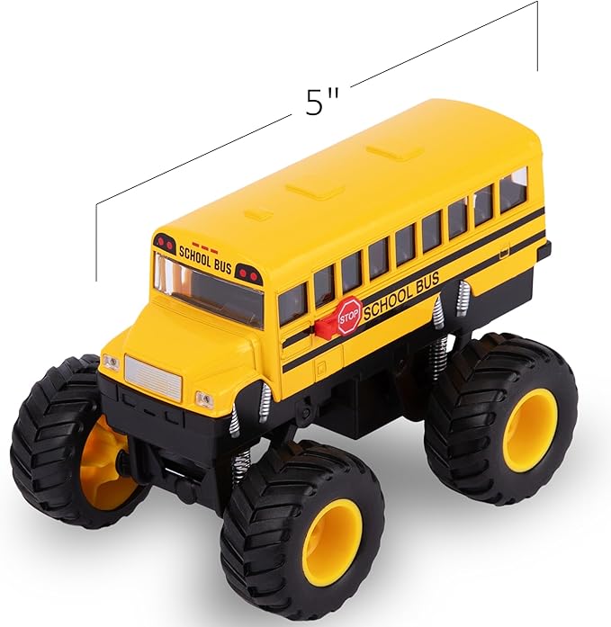 ArtCreativity 5 Inch Pull Back School Bus Toy Set - Set of 2 - Includes 5 Inch Monster-Wheel Bus, Diecast Bus Playset with Pull Back Mechanism, Great Gift Idea for Kids