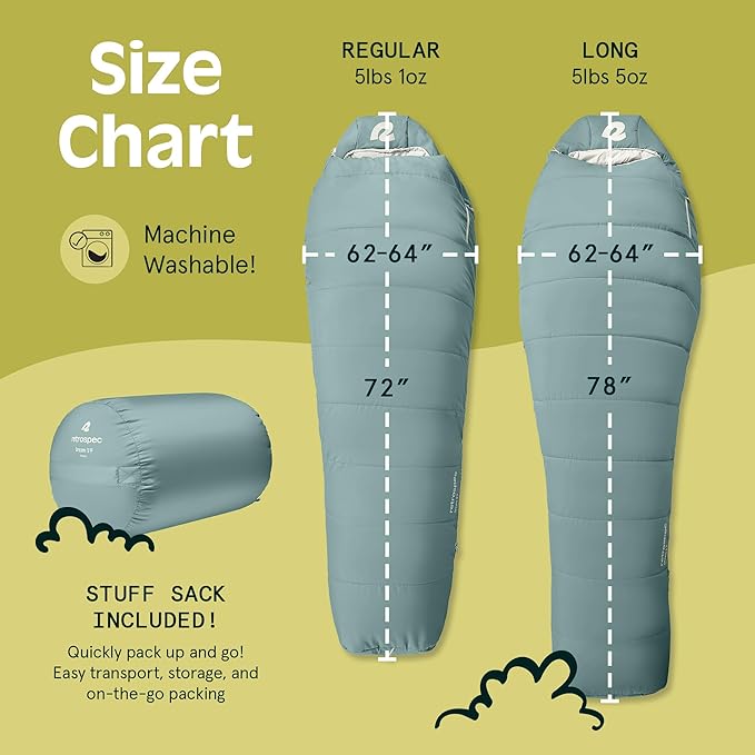 Retrospec Dream Sleeping Bag - 5, 15, 30 Mummy for Camping, Insulated Cold Weather, Lightweight Stuff Sack, Water-Resistant, Adjustable Draw Cords, Adult