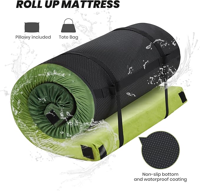 Memory Foam Camping Pad, Camping Sleeping Pad, Camping Mattress Pad with Pillow & Travel Bag, Portable Floor Mat Roll Up for Guest Adults Side Sleepers Indoor Outdoor Travel