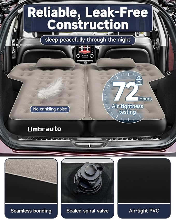 Umbrauto SUV Inflatable Air Mattress: Upgraded Thickened Flocking Car Sleeping Bed for SUV Back Trunk Camping, Car Travel Airbed with Electric Pump, Pillows, Repair Patch Kit