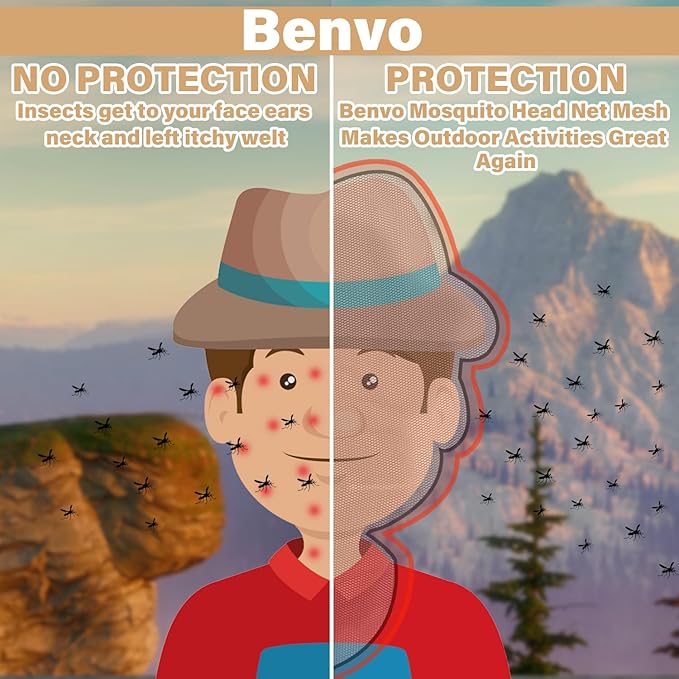 Benvo Mosquito Head Net Mesh One Piece Face Neck Fly Netting Cover from Bugs Gnats Noseeums Hat-Compatible Insect Shield for Fishing, Camping, Gardening (2pcs, White, Upgraded Big Net)