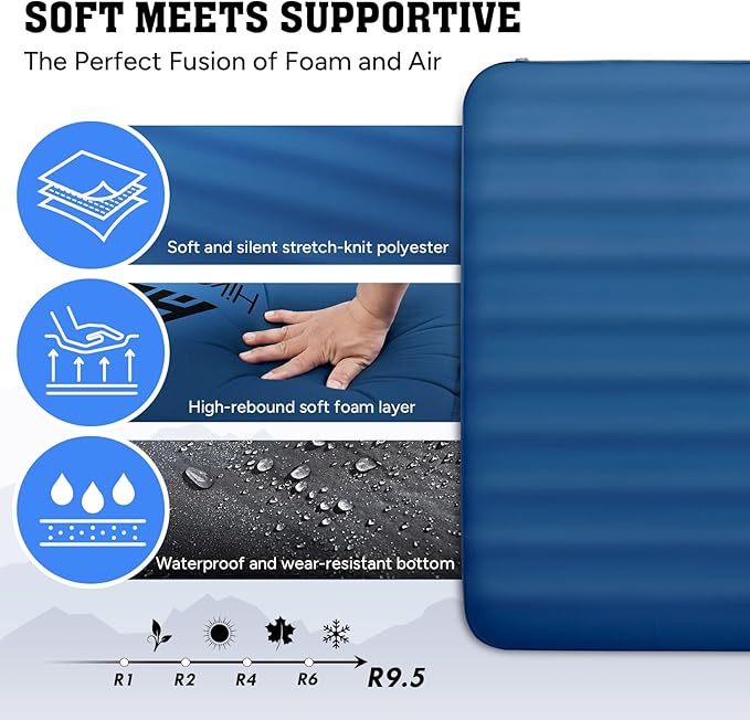 Hikenture Extra Thick Double Self Inflating Sleeping Pad, 9.5 R Camping Mattress 2 Person, Inflatable Foam Camping Pad with Pump Sack, Portable 4 in Thickness Comfort Plus Camping Mat for 4-Season