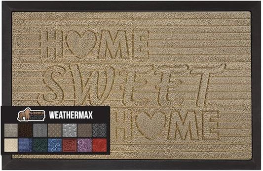 GORILLA GRIP 100% Waterproof All-Season WeatherMax Doormat, Durable Natural Rubber, Stain and Fade Resistant, Low Profile, Indoor Outdoor Door Mats, Easy Clean Entrance Mat, 17x29, Home Sweet Home