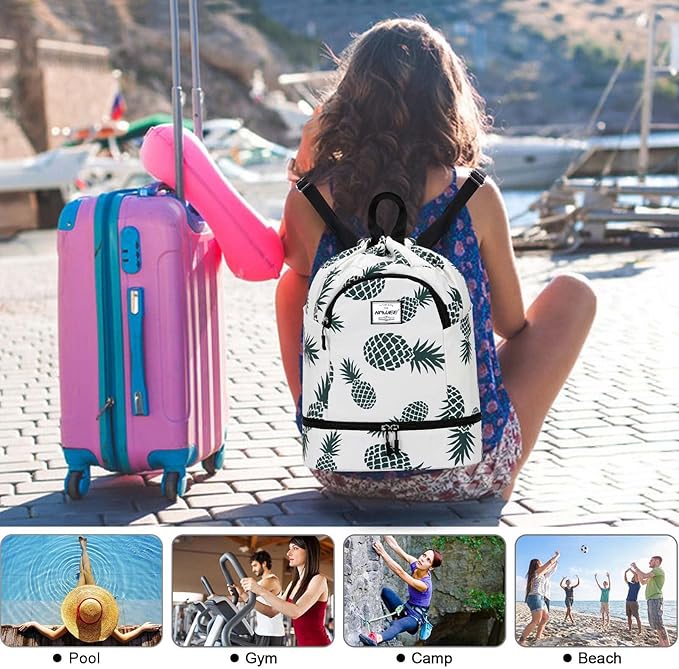 Dry Wet Drawstring Backpack with Shoe Compartment for Women Adjustable Gym Bag