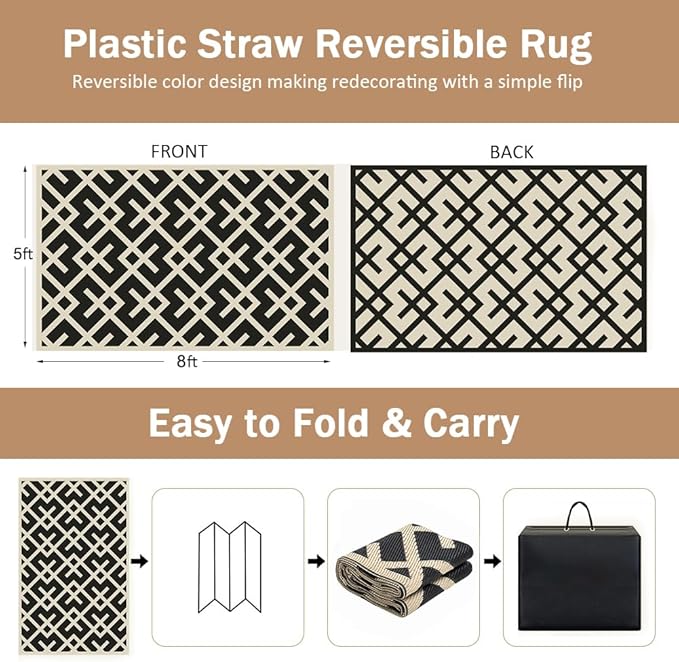 LILIOFFIC Reversible Mats - 5' x 8' Plastic Straw Rug, Outdoor Rug for Patio Clearance Decor, Modern Area Rugs, Floor Mat for Outdoors, RV, Backyard, Deck, Picnic, Beach, Camping, Black & Beige
