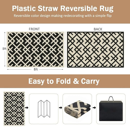 LILIOFFIC Reversible Mats - 5' x 8' Plastic Straw Rug, Outdoor Rug for Patio Clearance Decor, Modern Area Rugs, Floor Mat for Outdoors, RV, Backyard, Deck, Picnic, Beach, Camping, Black & Beige