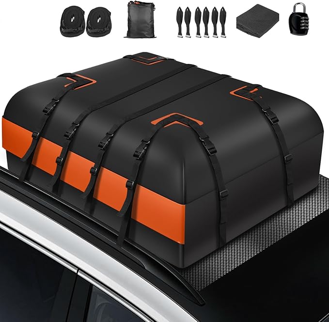 Car Rooftop Waterproof Bag,15 Cubic Feet Large Capacity Rainproof and Snowproof Cargo Transportation Roof Cargo Bag for All Vehicle with/Without Racks-Anti-Slip Mat,10 Straps,Luggage Lock