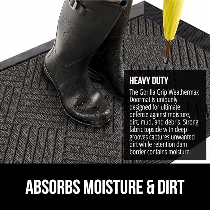 GORILLA GRIP 100% Waterproof All-Season WeatherMax Doormat, 72x24 Runner, Durable Natural Rubber, Stain and Fade Resistant, Low Profile, Indoor Outdoor Door Mats, Easy Clean Entry Mat, Gray Diamond