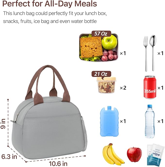 Bagseri Lunch Box for Women - Adult Lunchboxes for Men Reusable Leakproof Thermal Cooler Sack Food Handbags Case High Capacity for Work and Picnic (Gray)