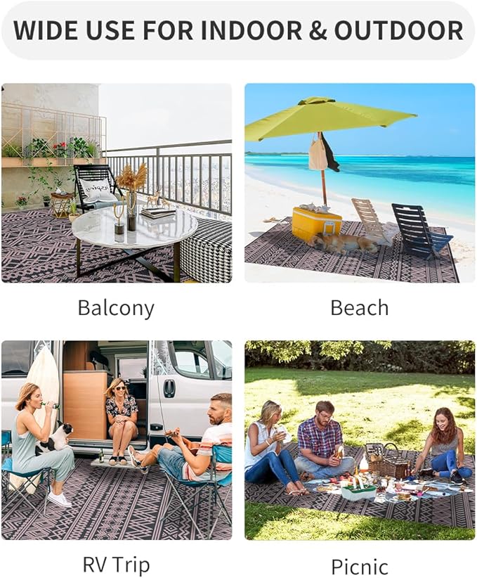 MontVoo Outdoor Rug 8x10 Waterproof Outdoor Patio Rug Mat Reverisble Plastic Straw Outdoor Rug for RV Camping Picnic Beach Balcony Boho Pink Grey